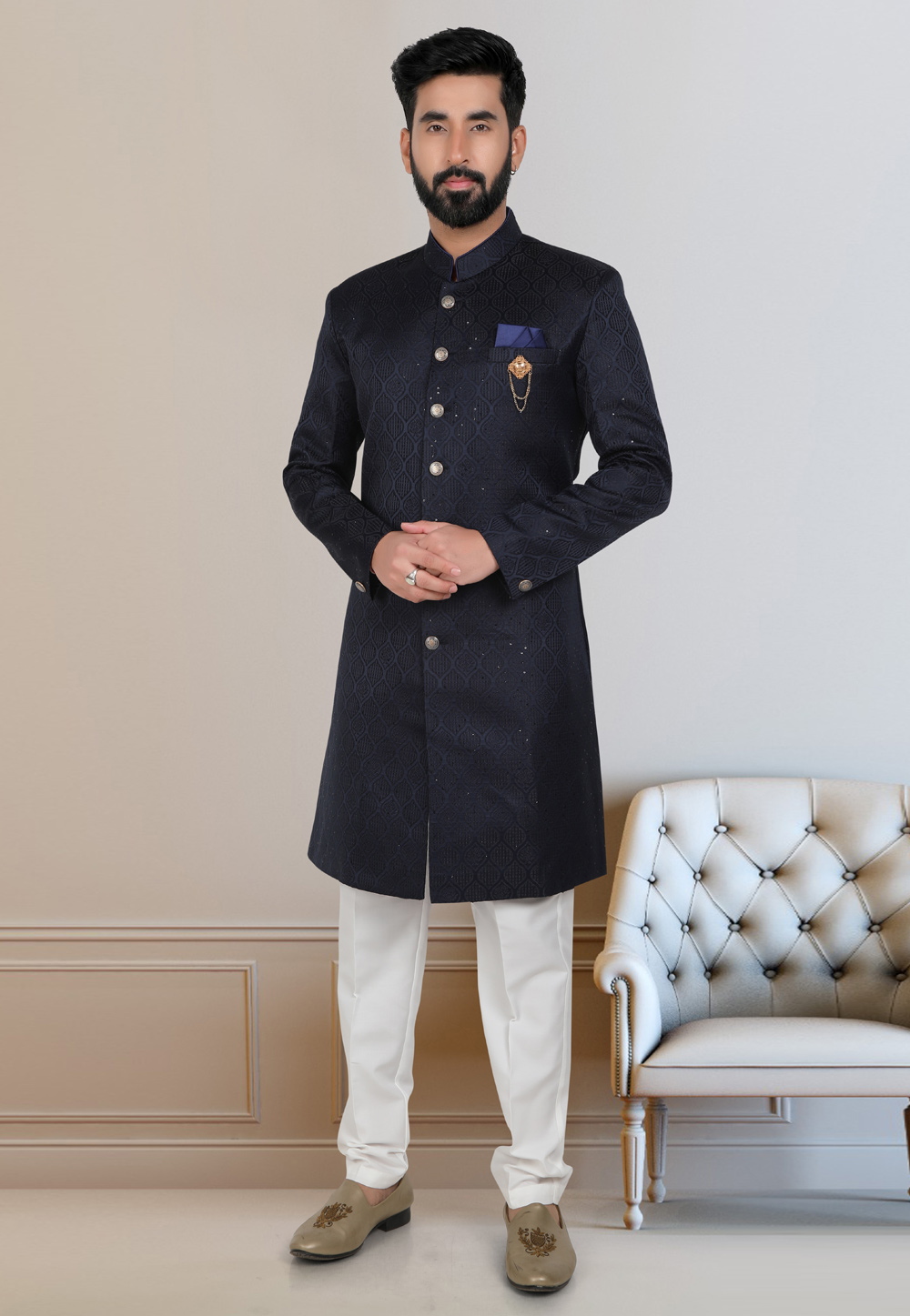 Navy Blue Jacquard Indo Western Suit 312815