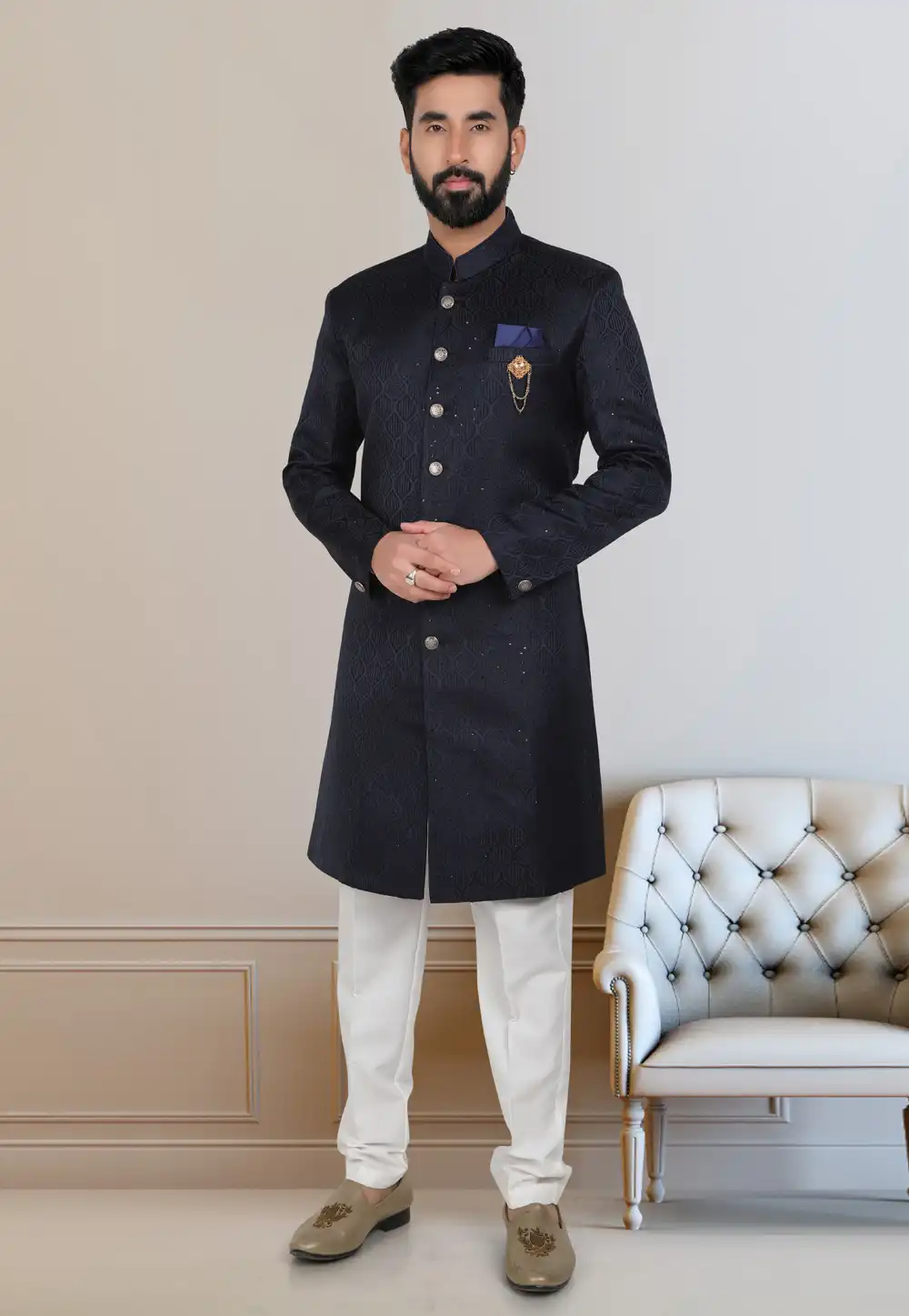Navy Blue Jacquard Indo Western Suit 312815