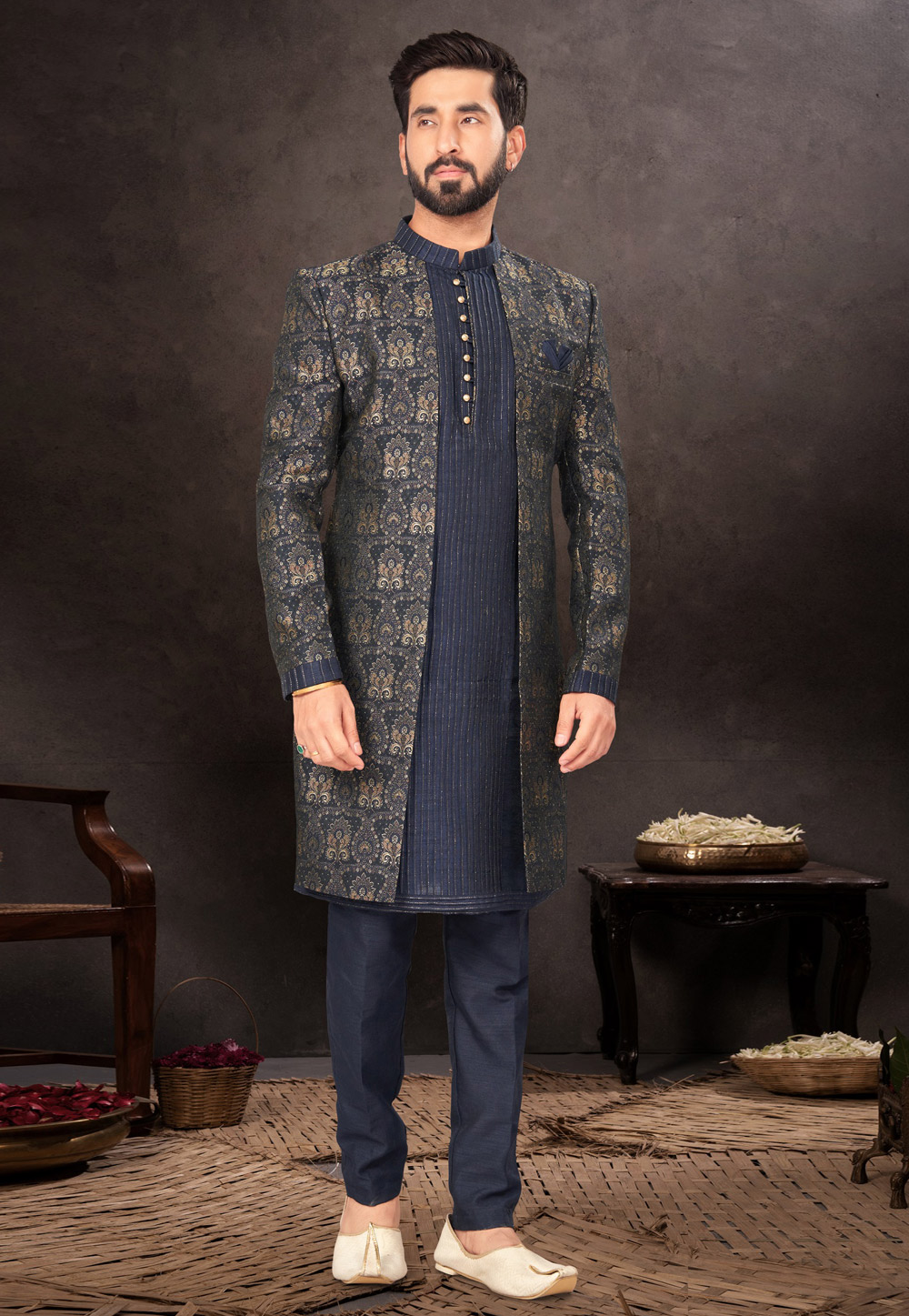 Navy Blue Jacquard Indo Western Suit 283963