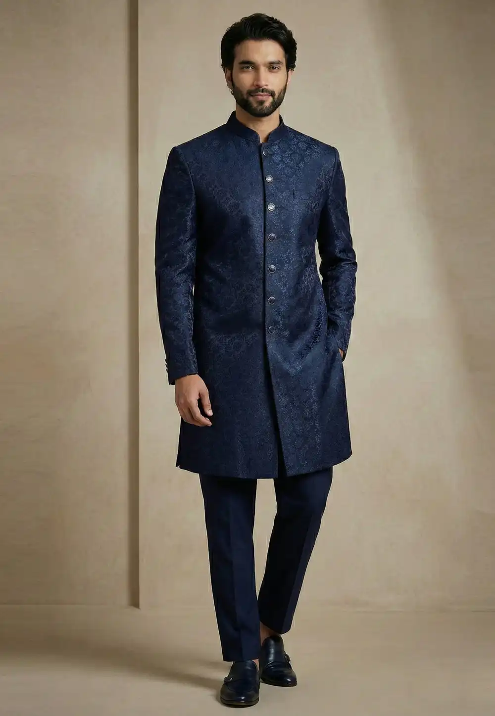 Navy Blue Jacquard Indo Western Suit 325155