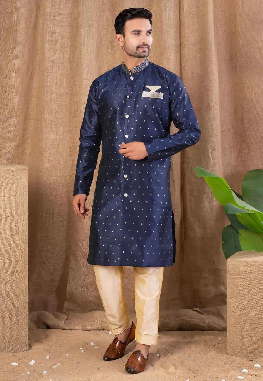 Navy Blue Jacquard Indo Western Suit 316467