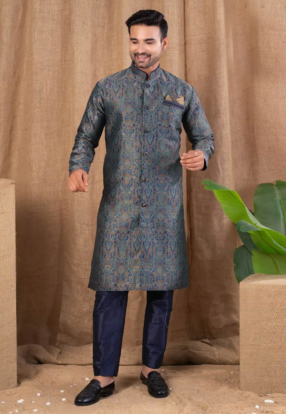 Navy Blue Jacquard Indo Western Suit 316471