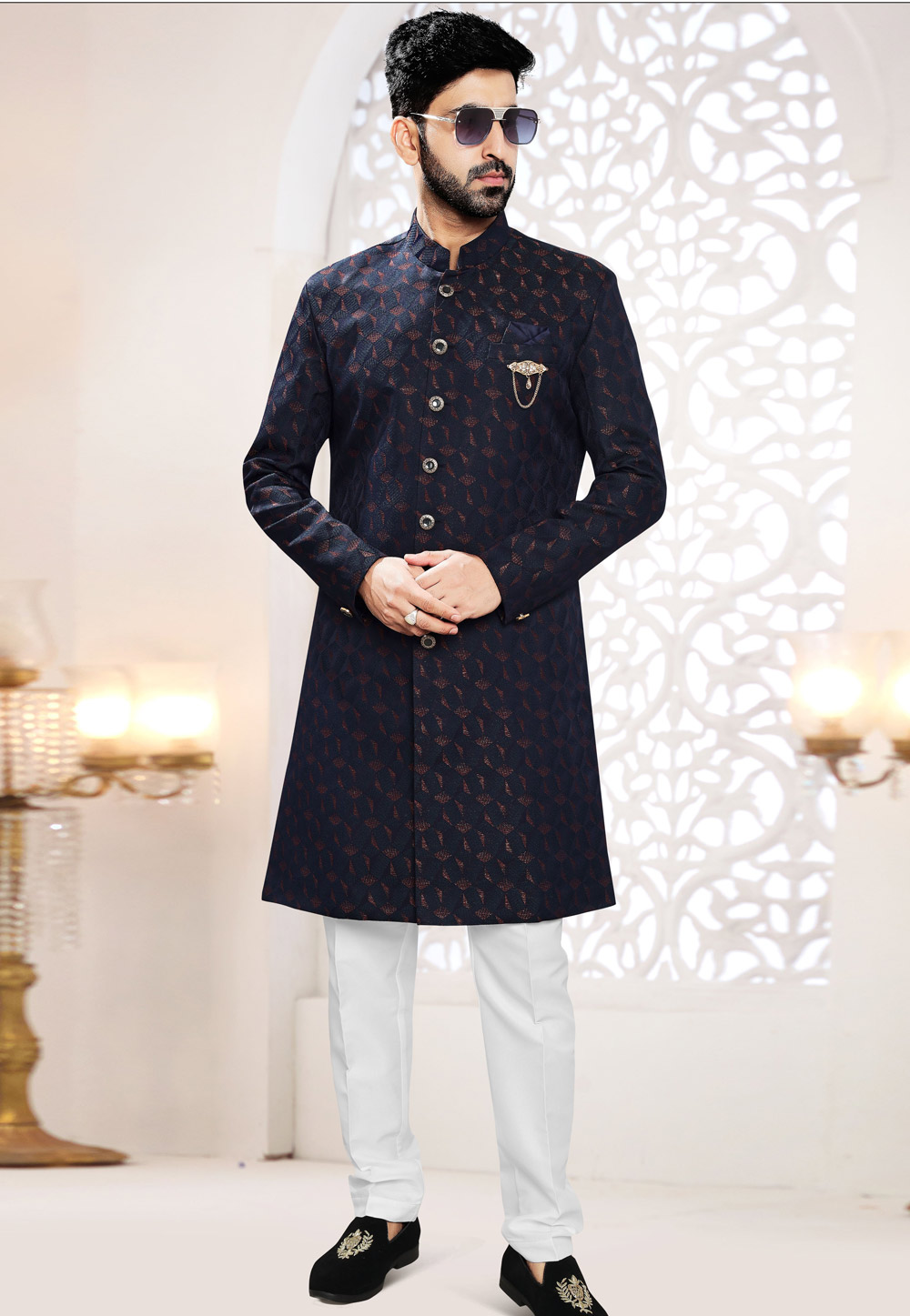 Navy Blue Jacquard Indo Western Suit 306457