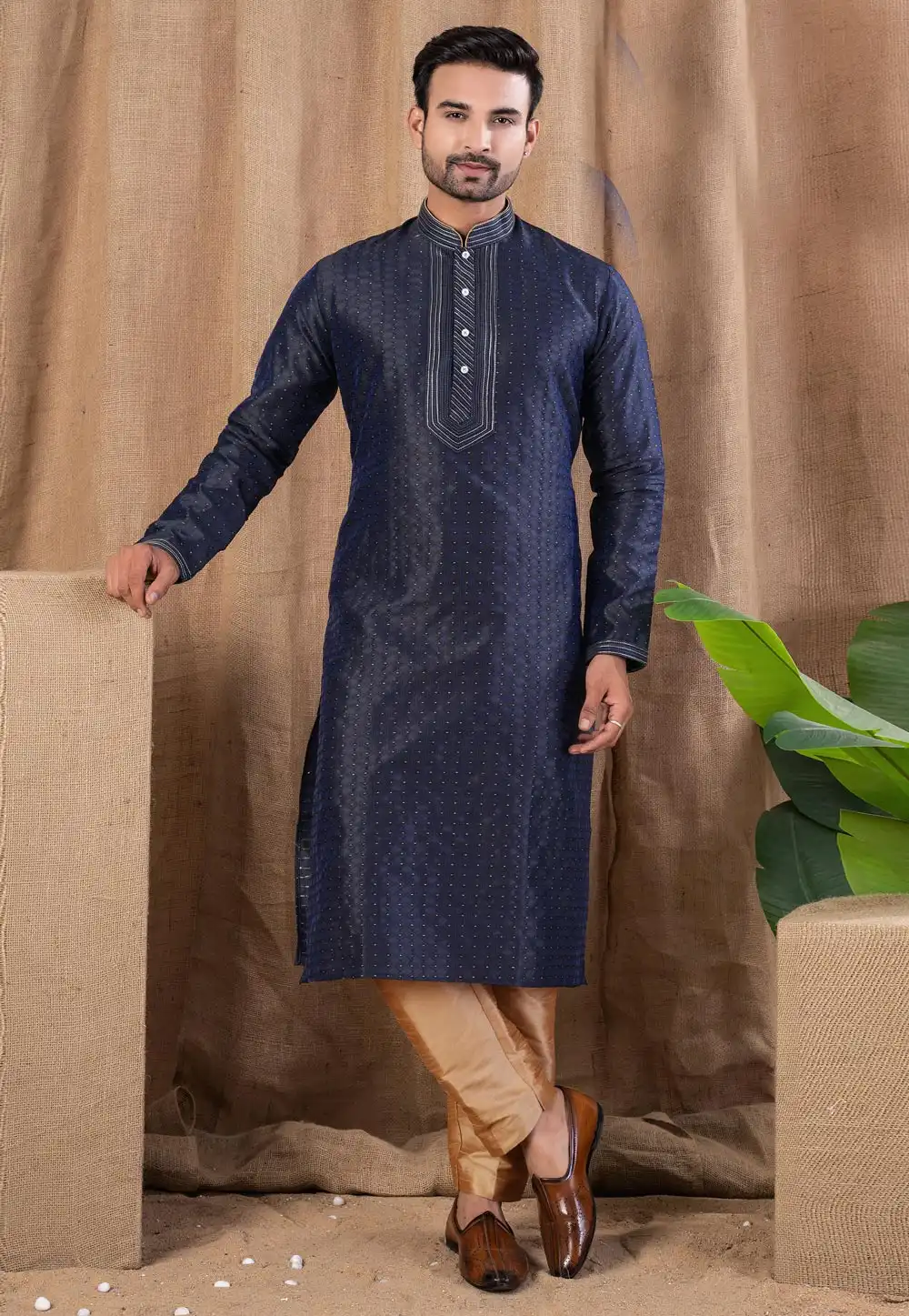 Navy Blue Jacquard Kurta Pajama 316420