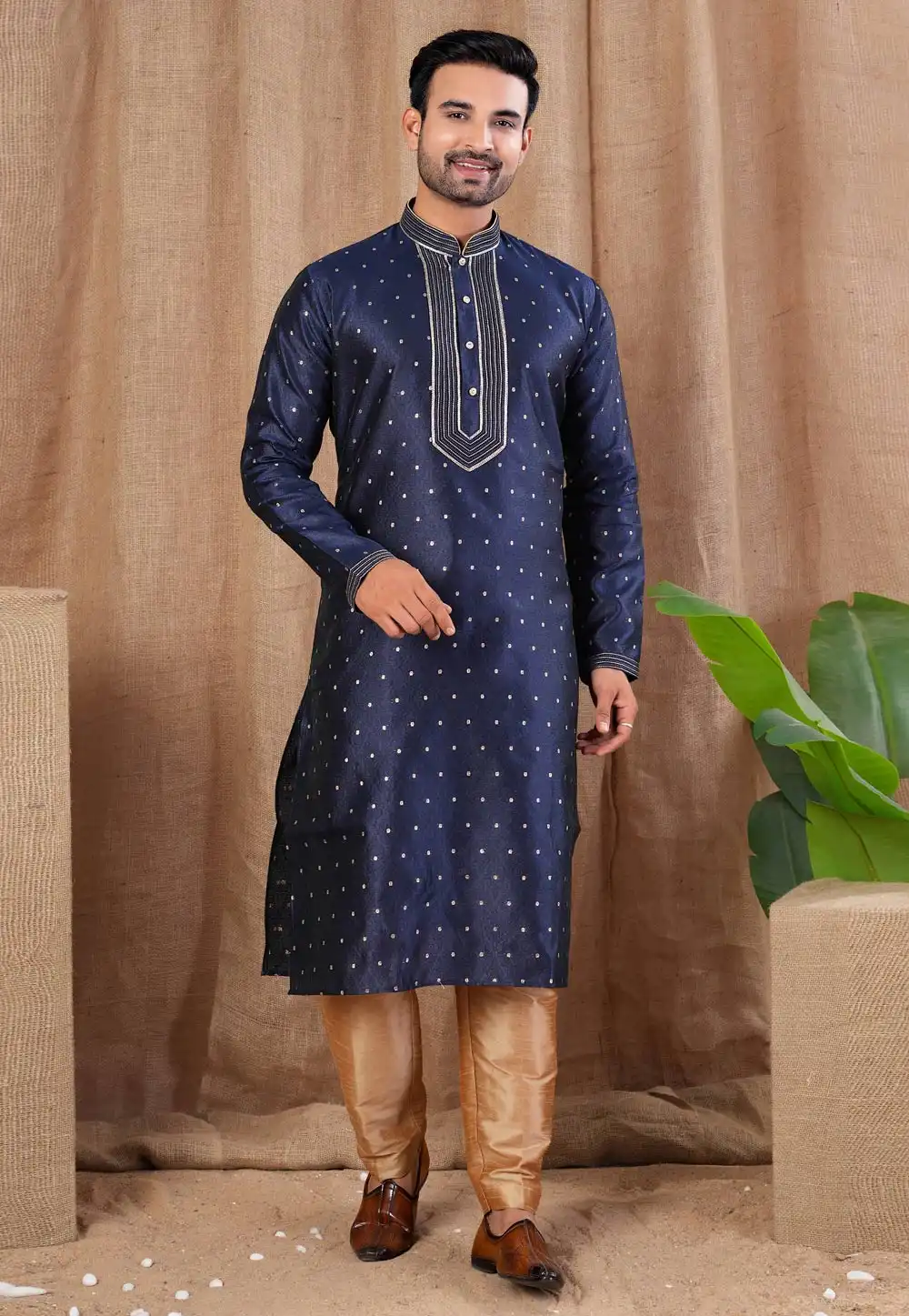 Navy Blue Jacquard Kurta Pajama 316425