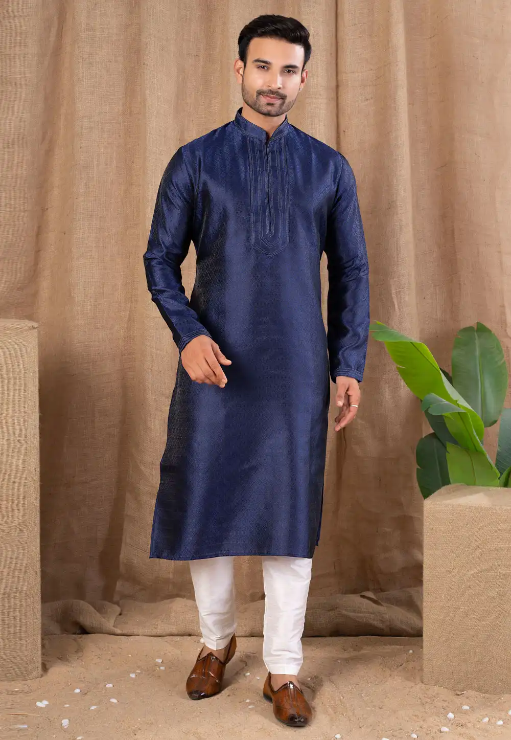 Navy Blue Jacquard Kurta Pajama 316445