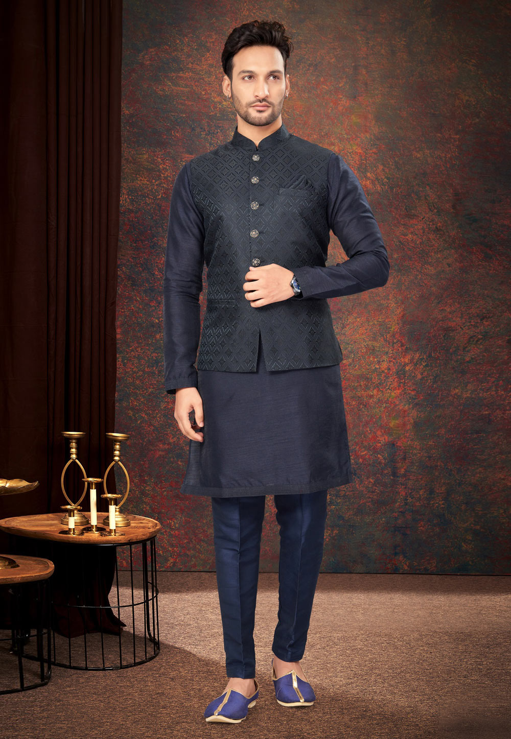 Navy Blue Jacquard Kurta Pajama With Jacket 283993