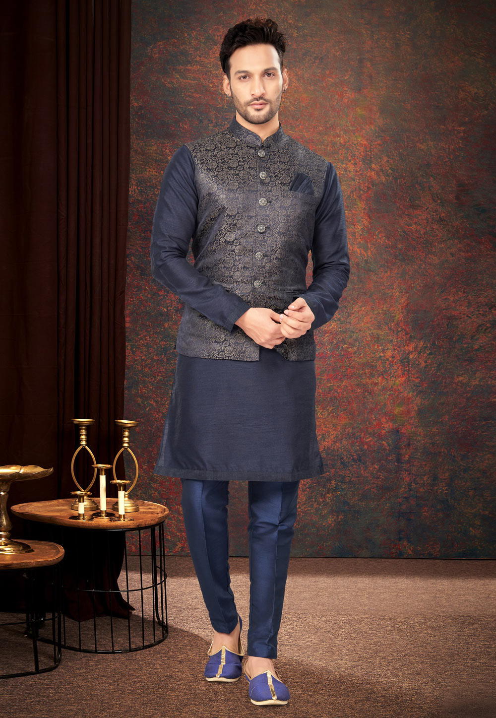 Navy Blue Jacquard Kurta Pajama With Jacket 283995