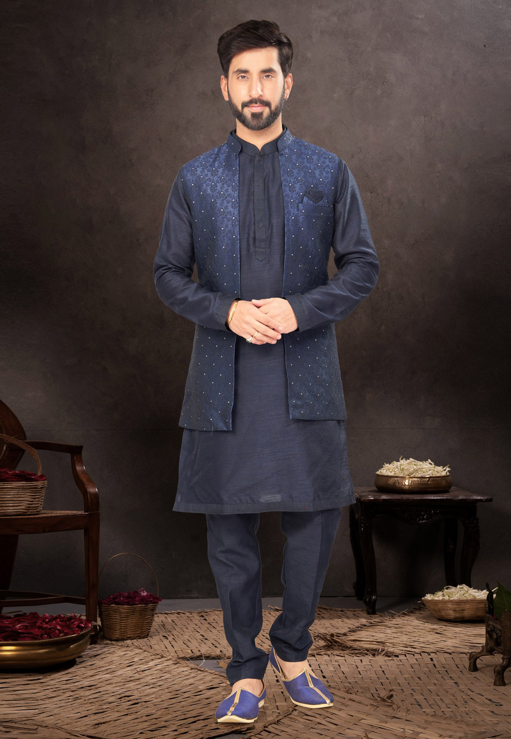 Navy Blue Jacquard Kurta Pajama With Jacket 283960