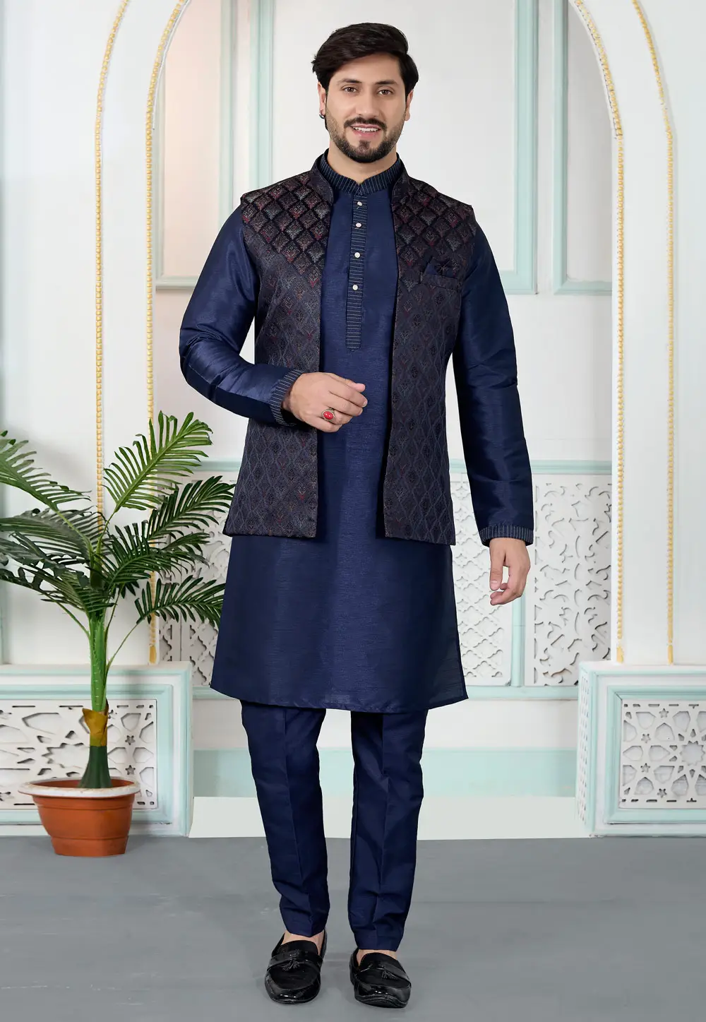 Navy Blue Jacquard Kurta Pajama With Jacket 335932