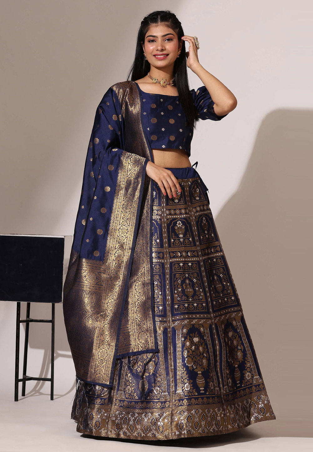 Navy Blue Jacquard Lehenga Choli 312190
