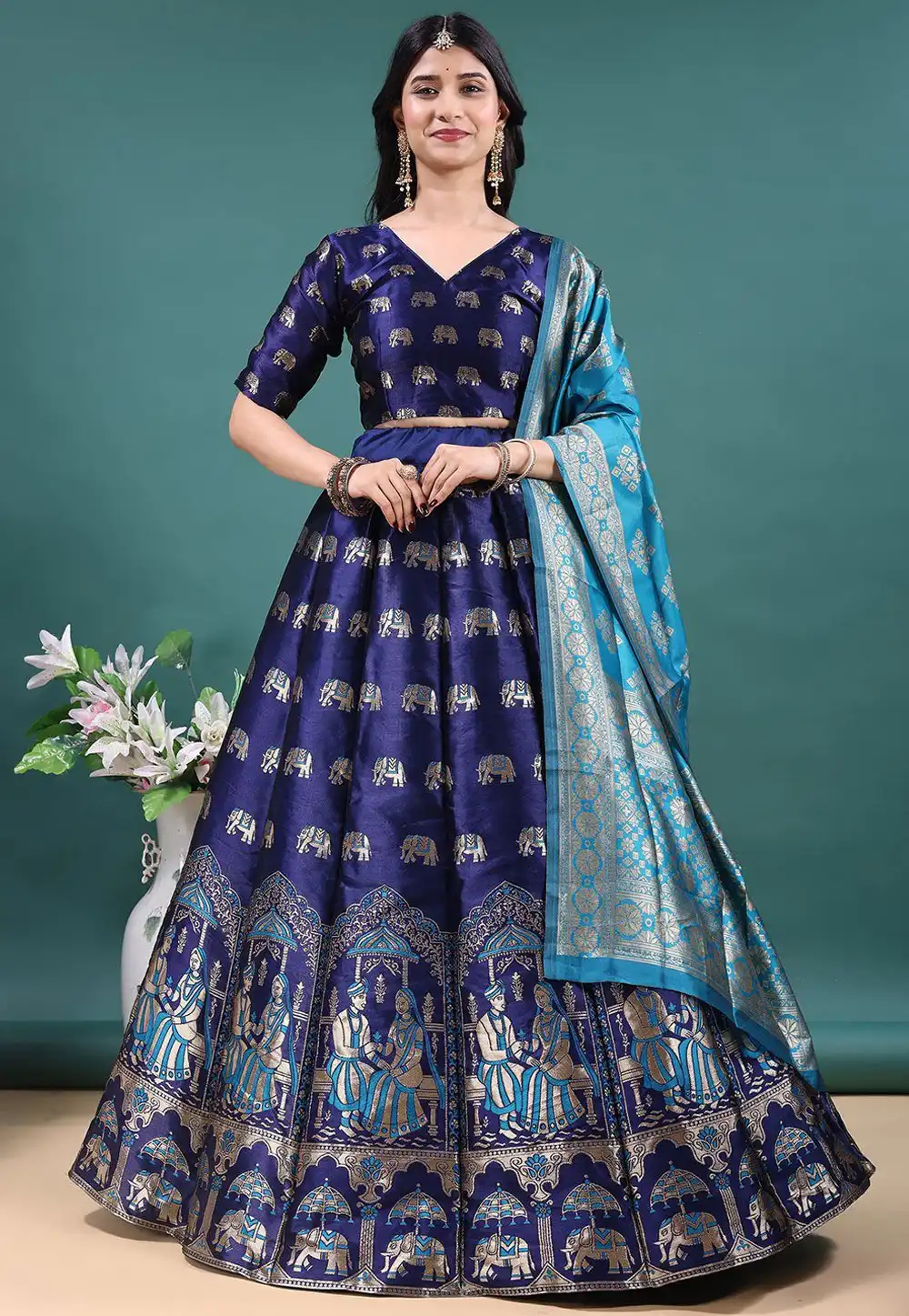 Navy Blue Jacquard Lehenga Choli 328665