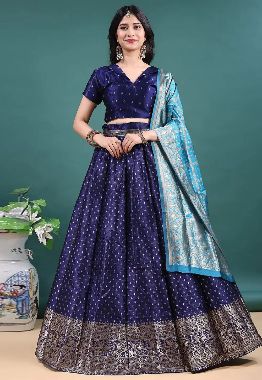 Navy Blue Jacquard Lehenga Choli 328670