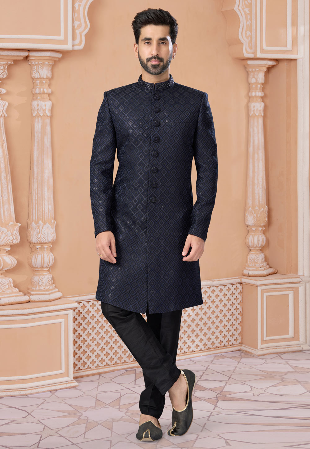 Navy Blue Jacquard Pakistani Sherwani 282257