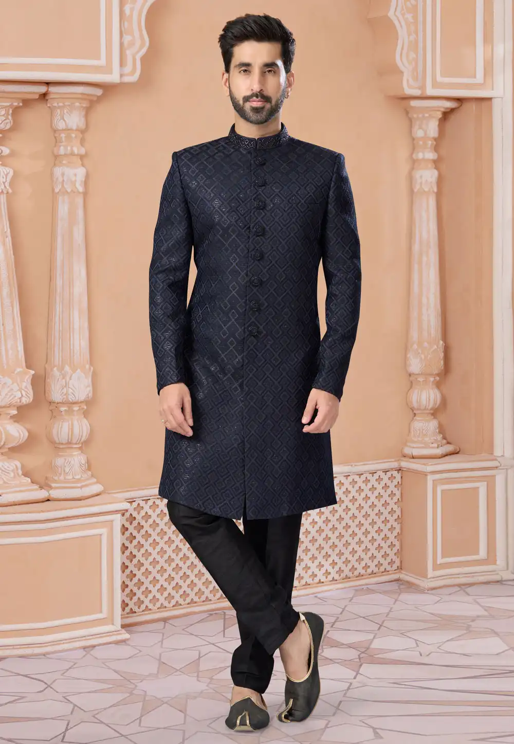 Navy Blue Jacquard Pakistani Sherwani 282257