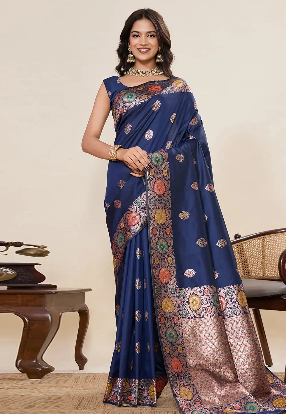 Navy Blue Jacquard Saree With Blouse 320704