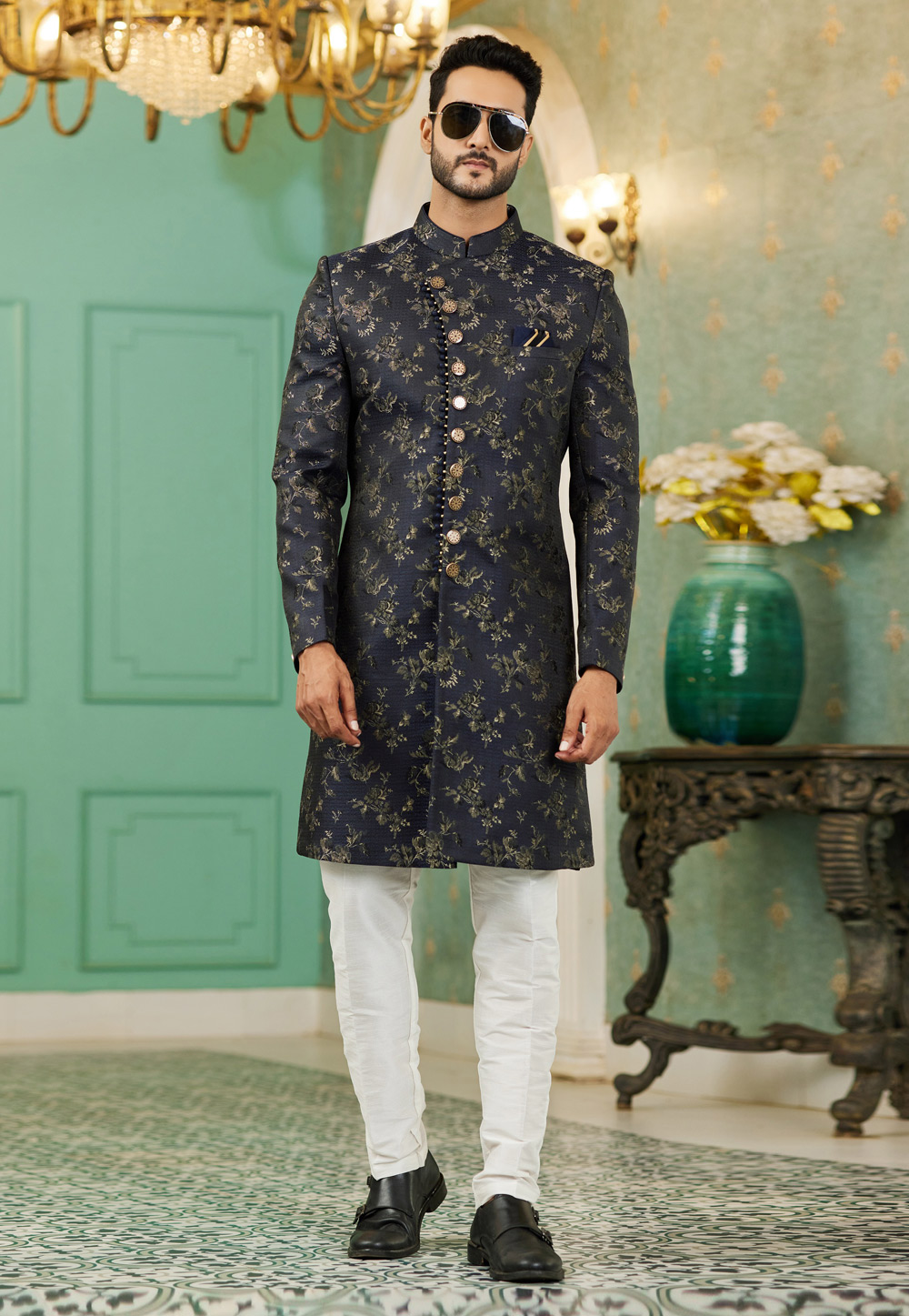 Navy Blue Jacquard Silk Indo Western Sherwani 278311