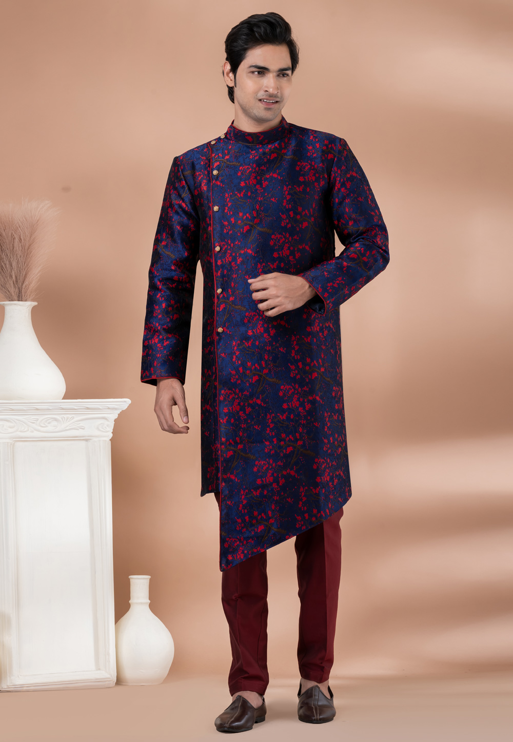 Navy Blue Jacquard Silk Indo Western Suit 283133