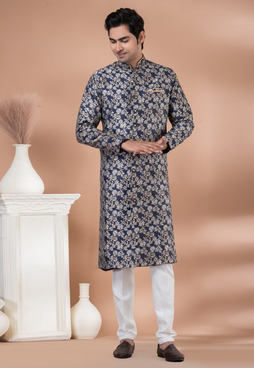 Navy Blue Jacquard Silk Indo Western Suit 283143
