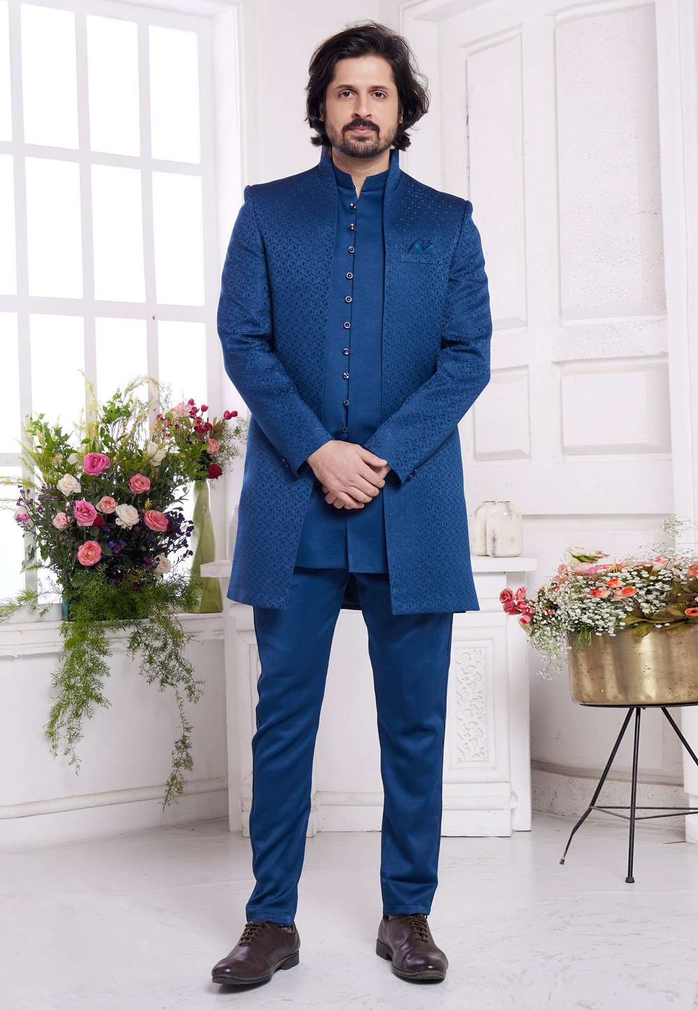 Navy Blue Jacquard Silk Jacket Style Sherwani 308603