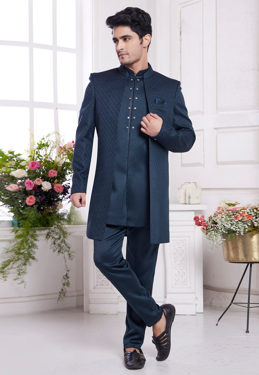 Navy Blue Jacquard Silk Jacket Style Sherwani 308604