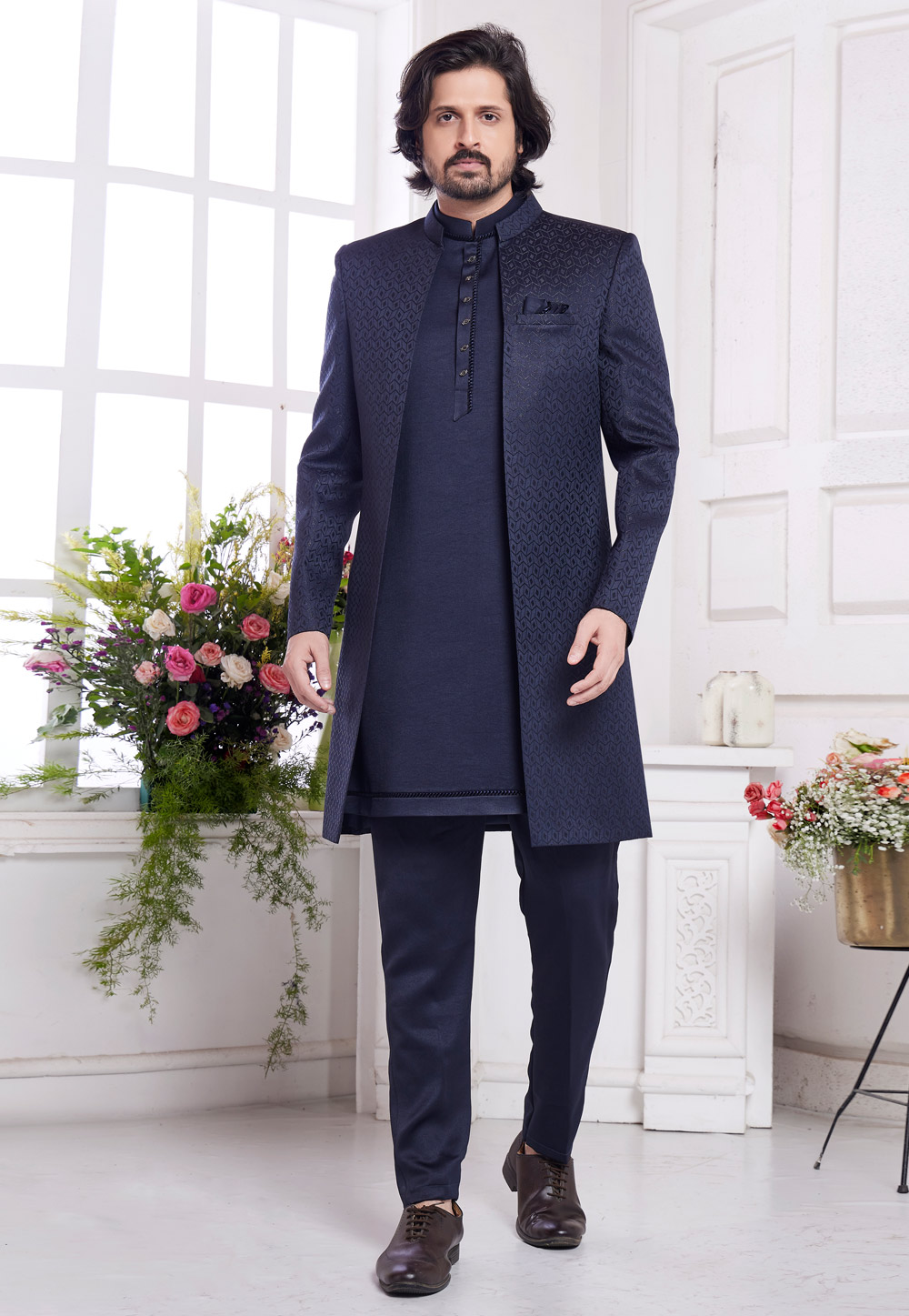 Navy Blue Jacquard Silk Jacket Style Sherwani 308605