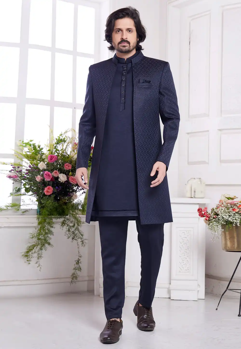 Navy Blue Jacquard Silk Jacket Style Sherwani 308605