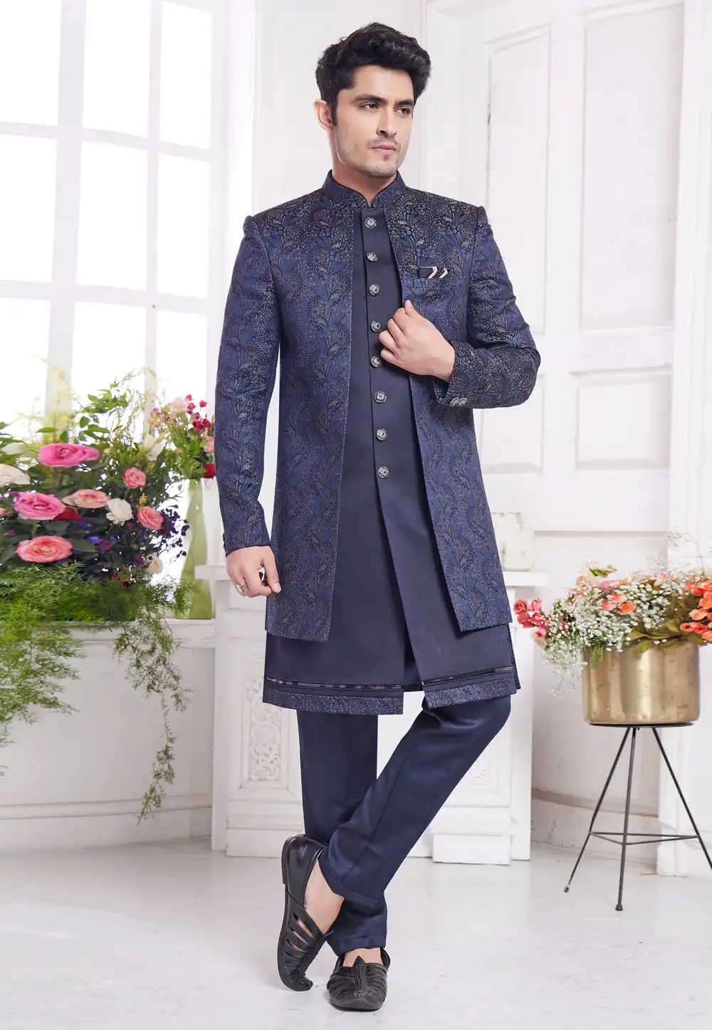 Navy Blue Jacquard Silk Jacket Style Sherwani 308609
