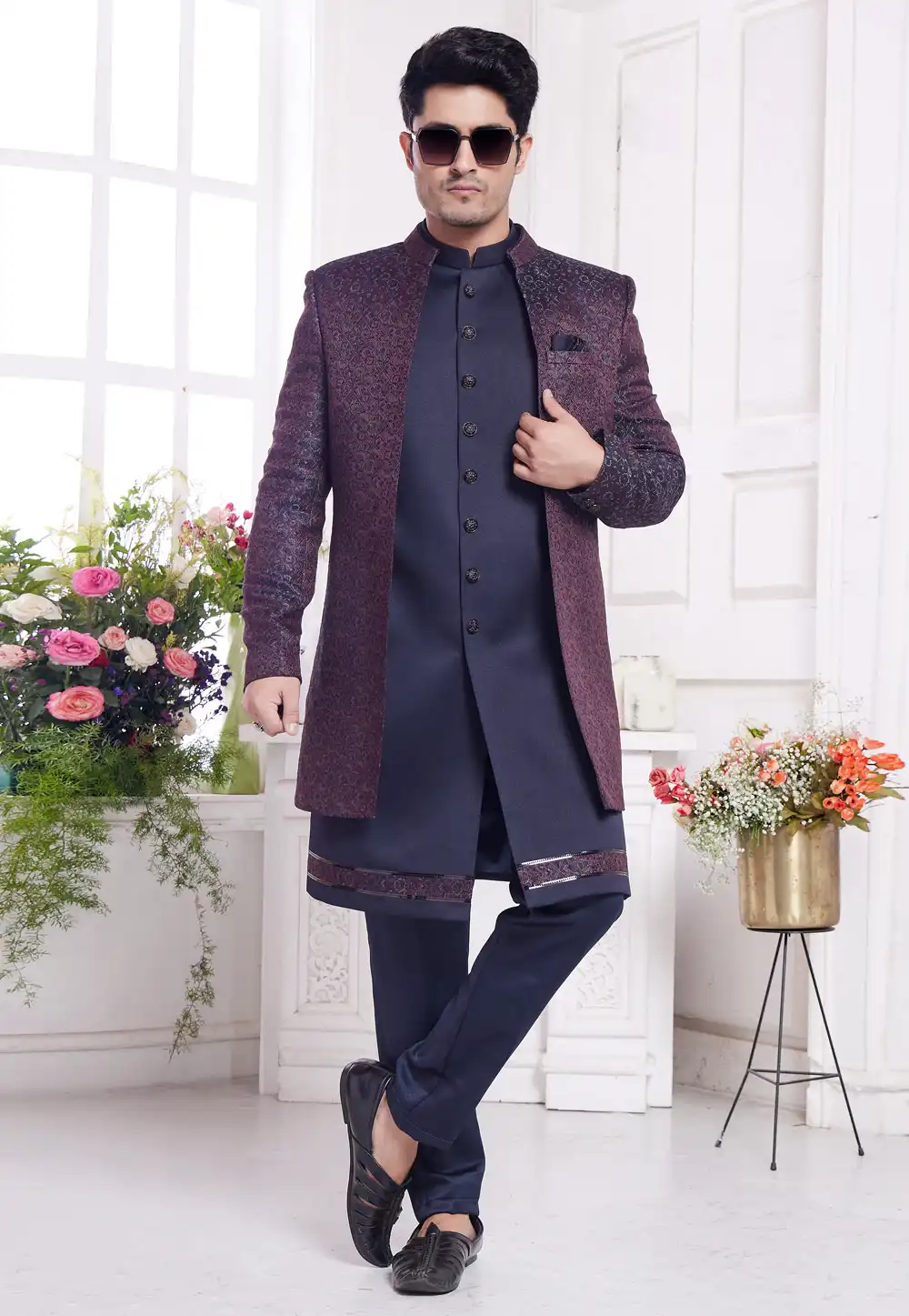 Navy Blue Jacquard Silk Jacket Style Sherwani 308612