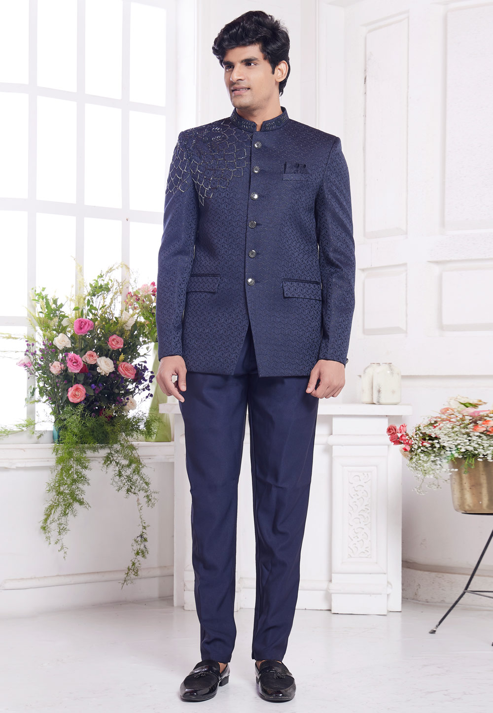 Navy Blue Jacquard Silk Jodhpuri Suit 308614