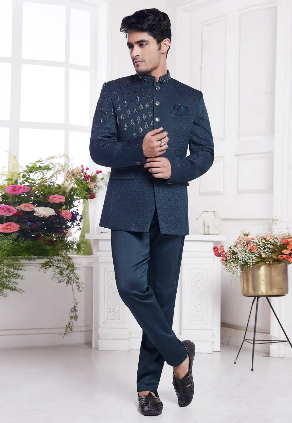 Navy Blue Jacquard Silk Jodhpuri Suit 308615