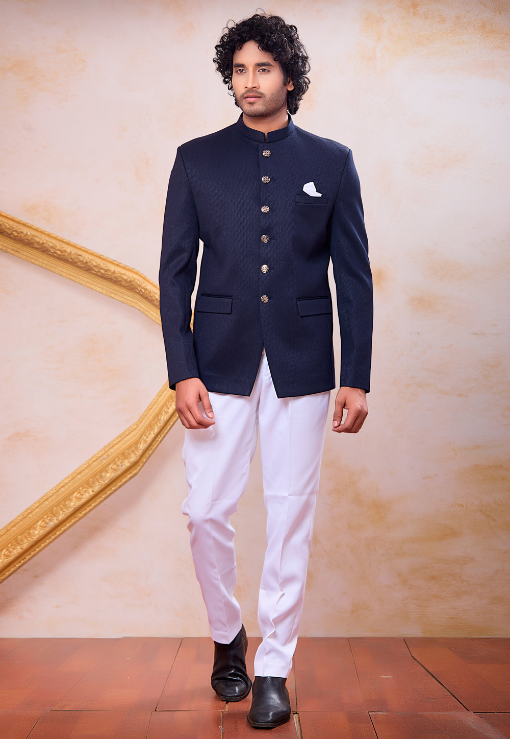 Navy Blue Jacquard Silk Jodhpuri Suit 327088