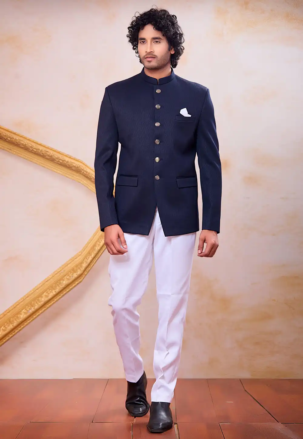 Navy Blue Jacquard Silk Jodhpuri Suit 327088