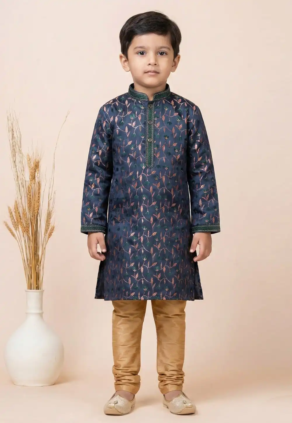Navy Blue Jacquard Silk Kids Kurta Pajama 322629