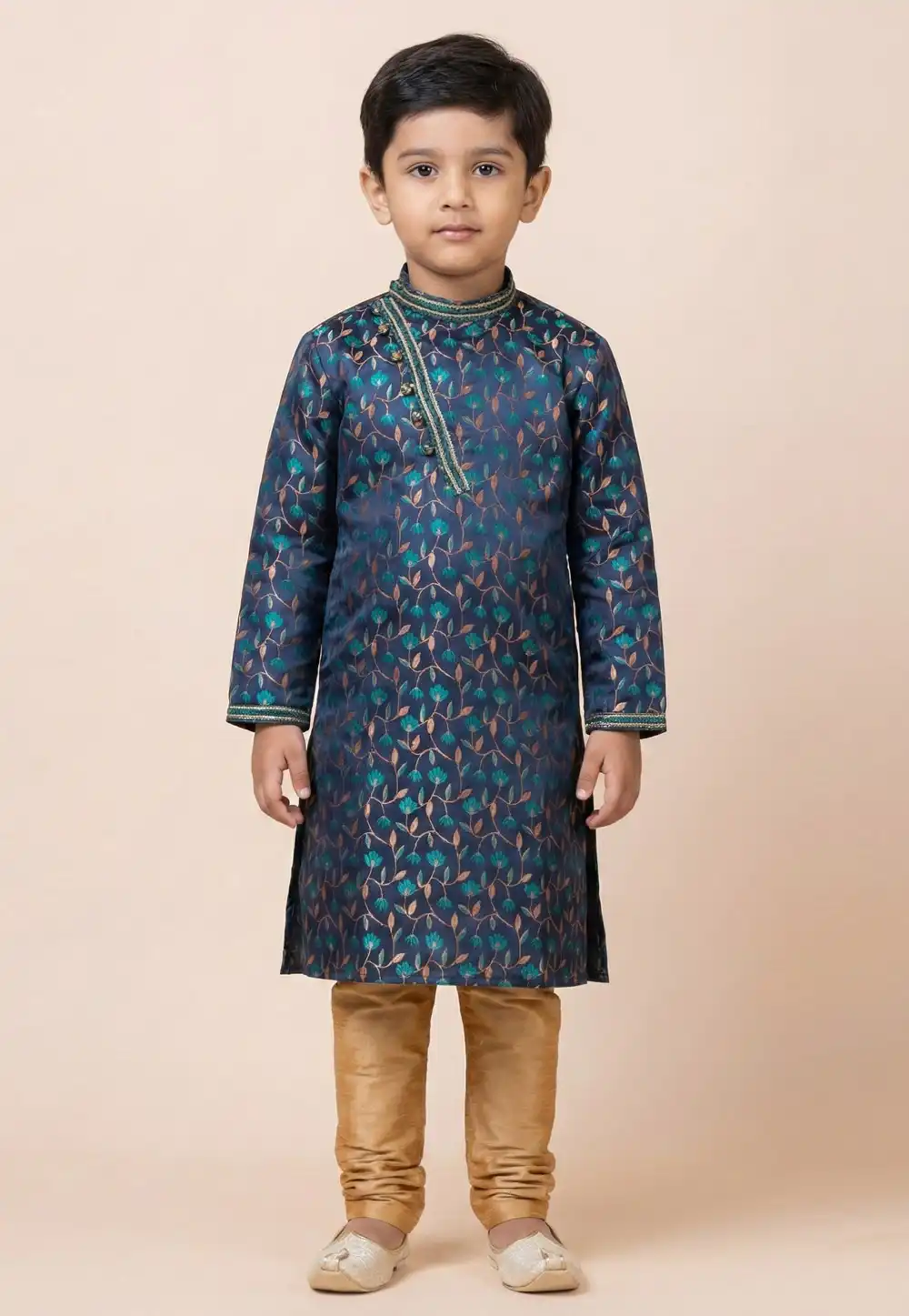 Navy Blue Jacquard Silk Kids Kurta Pajama 322632
