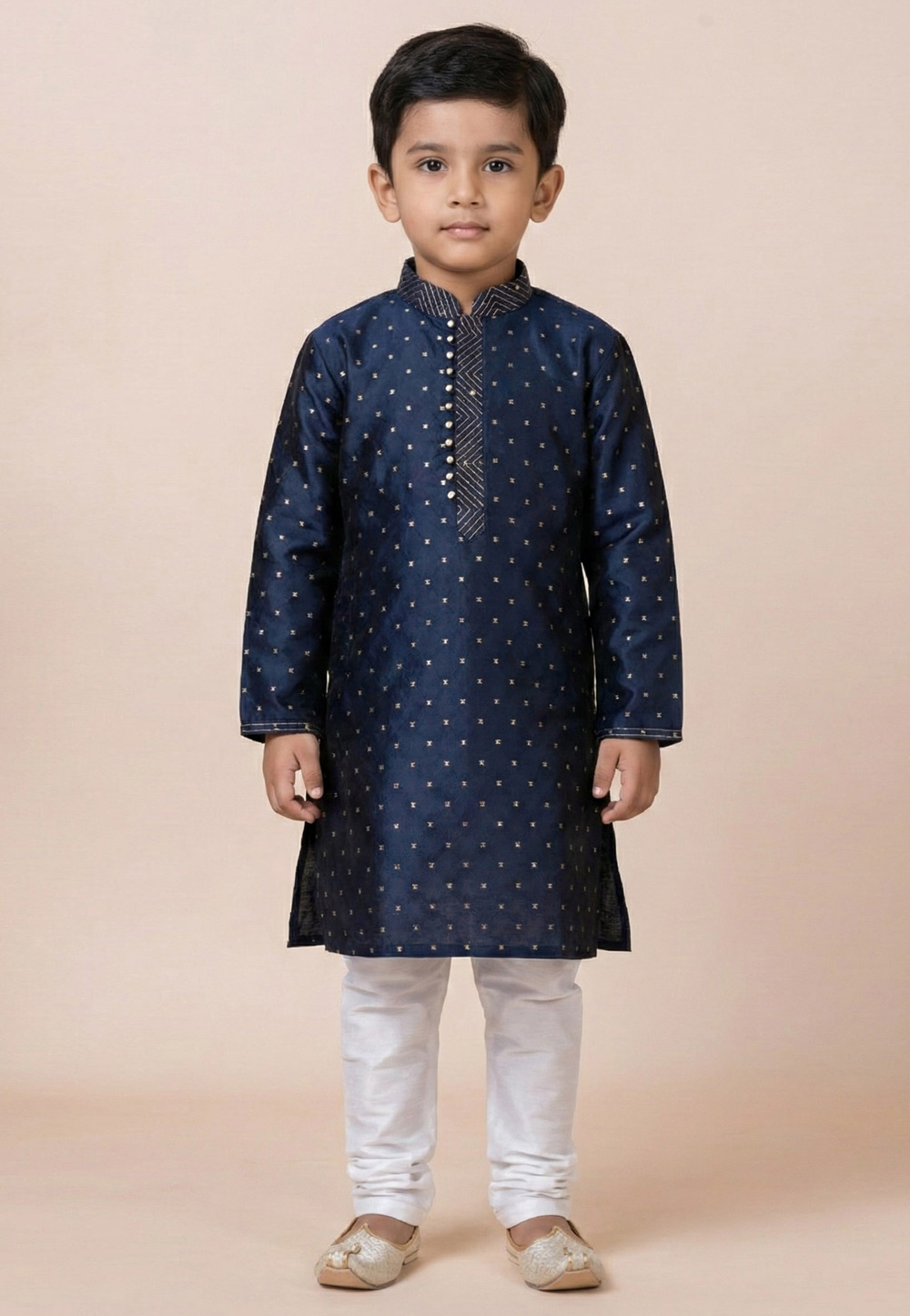 Navy Blue Jacquard Silk Kids Kurta Pajama 322834