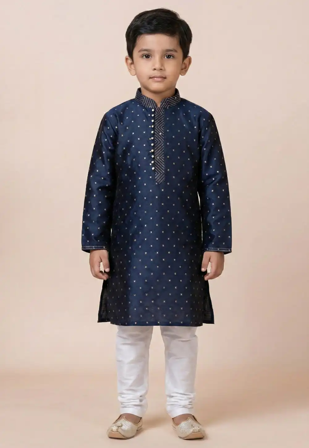 Navy Blue Jacquard Silk Kids Kurta Pajama 322834