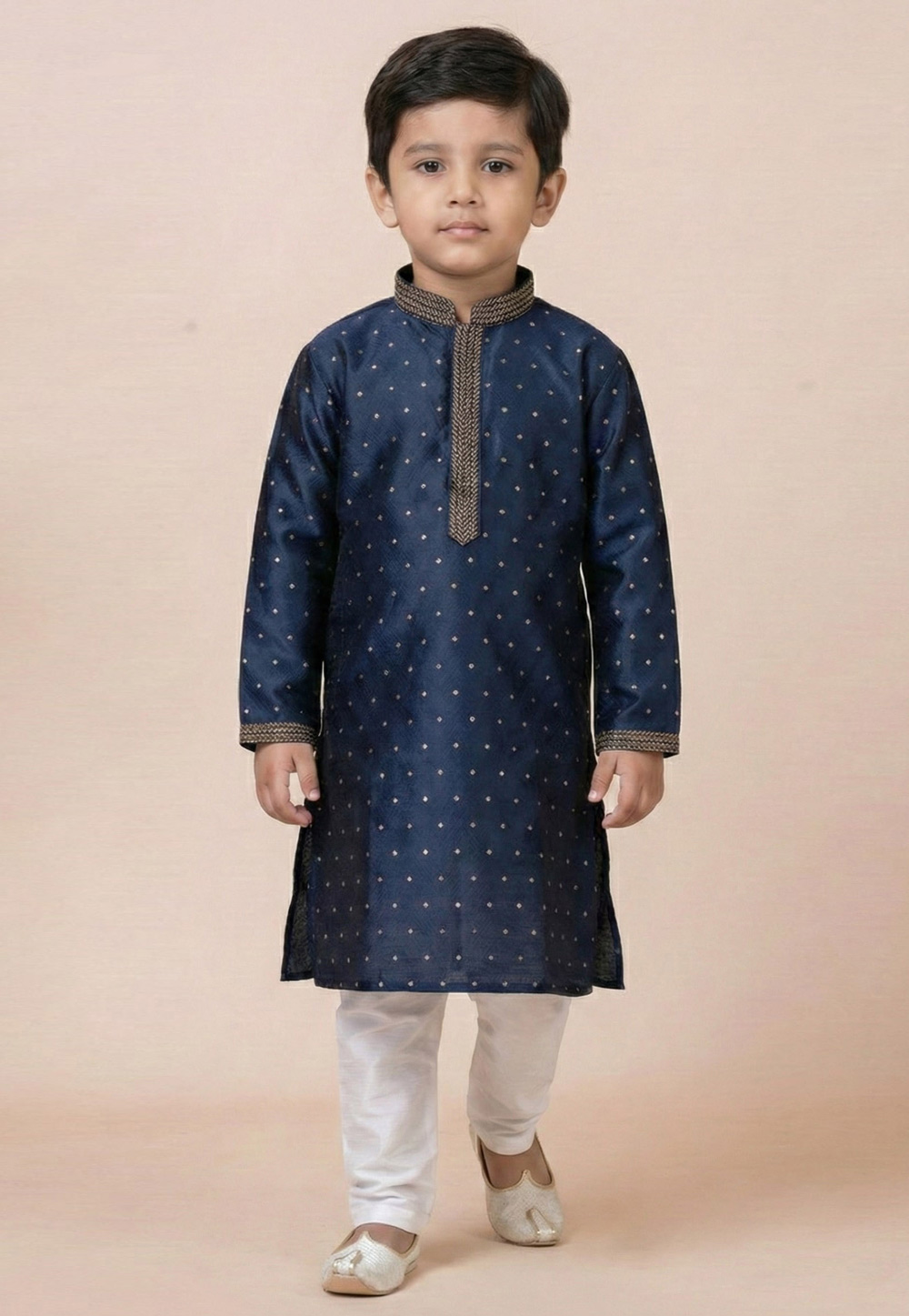 Navy Blue Jacquard Silk Kids Kurta Pajama 322840