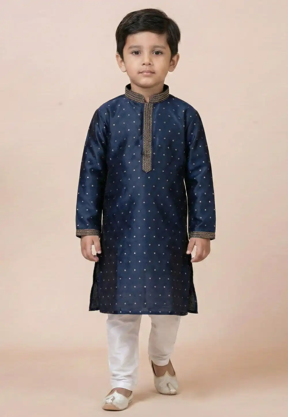 Navy Blue Jacquard Silk Kids Kurta Pajama 322840