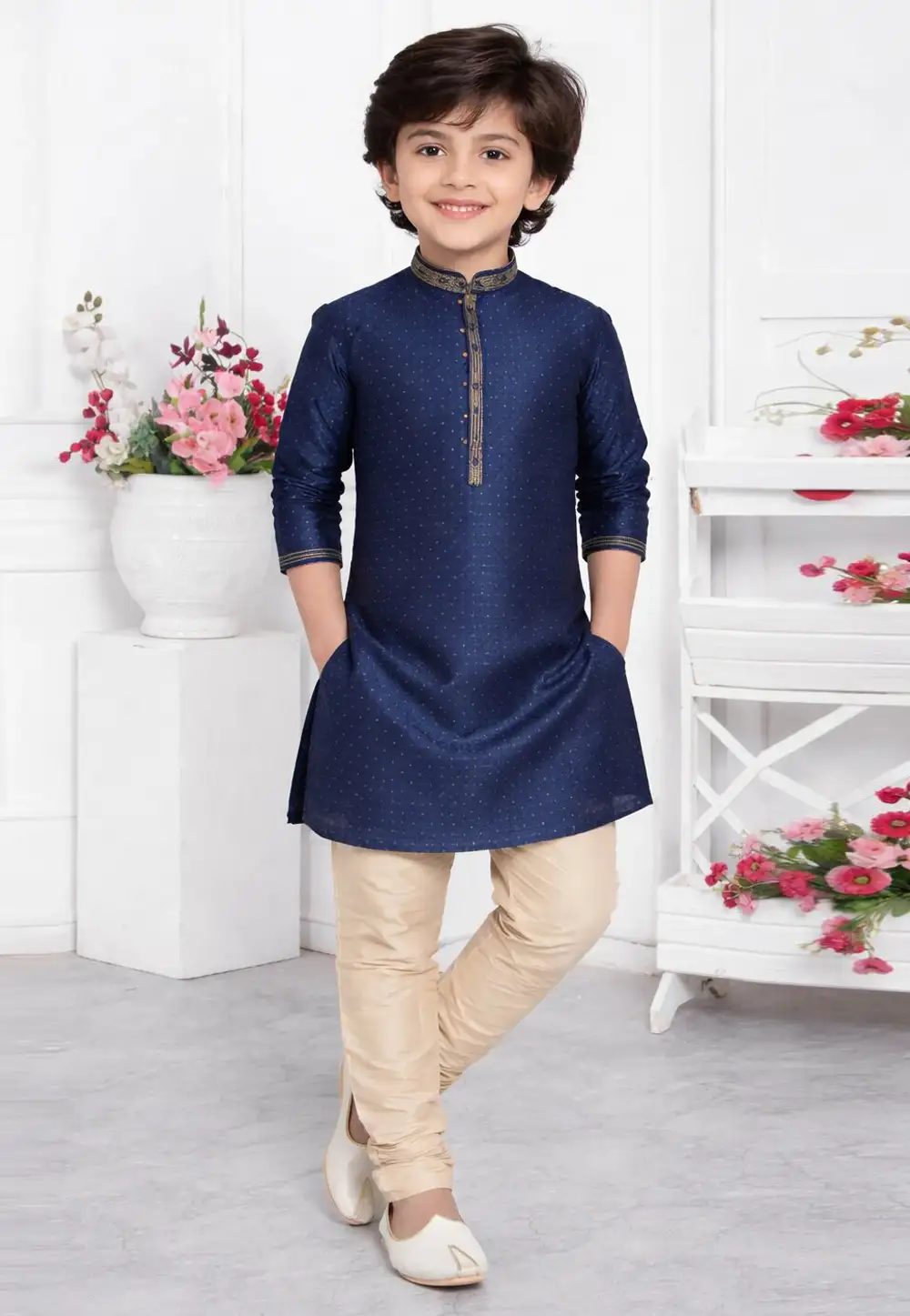 Navy Blue Jacquard Silk Kids Kurta Pajama 330785