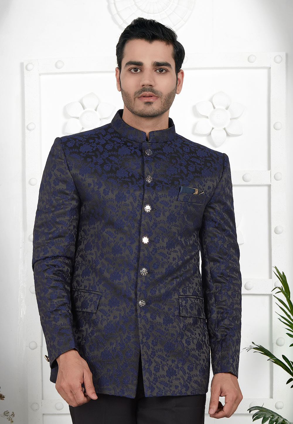 Navy Blue Jacquard Silk Bandhgala Jacket 280385