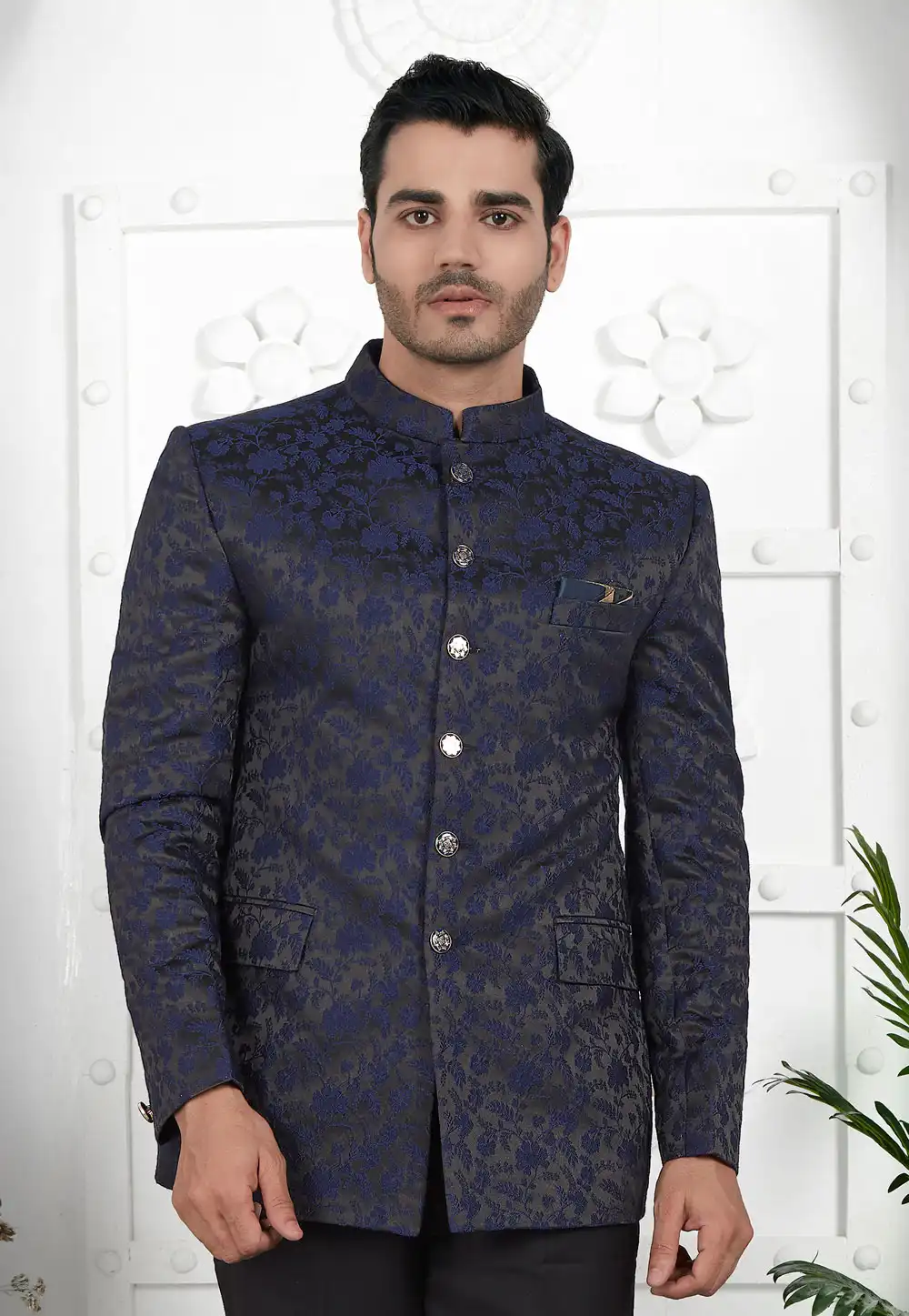 Navy Blue Jacquard Silk Bandhgala Jacket 280385