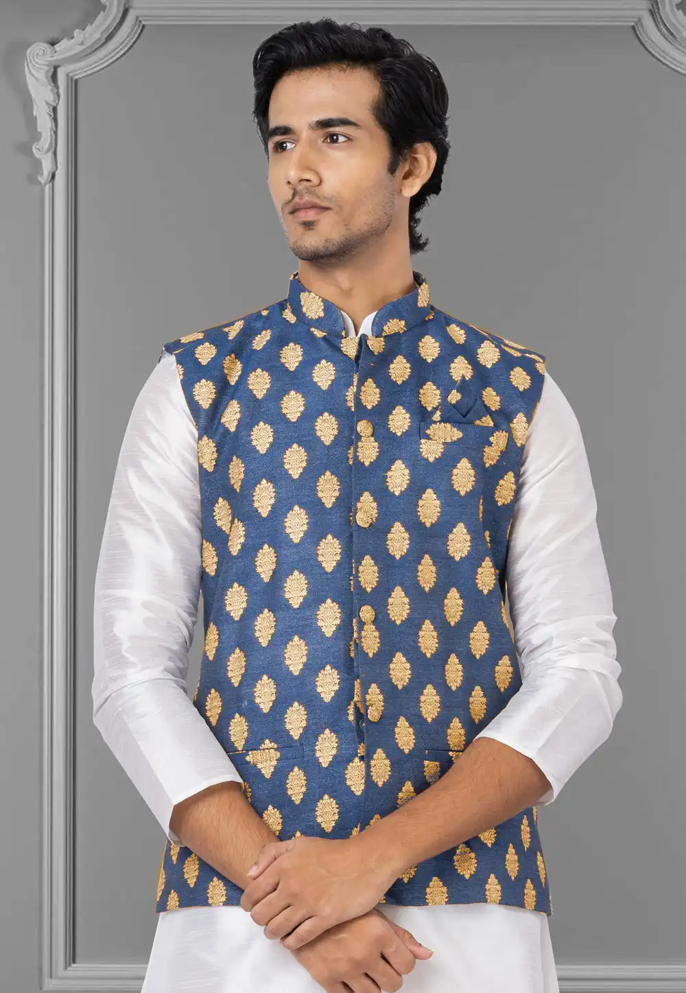 Navy Blue Jacquard Silk Nehru Jacket 286946