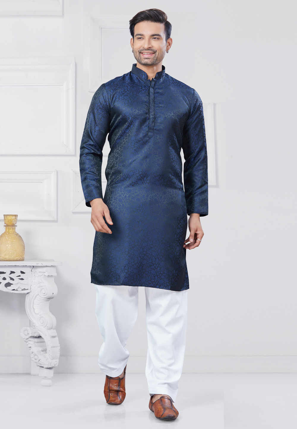 Navy Blue Jacquard Silk Pathani Suit 307348