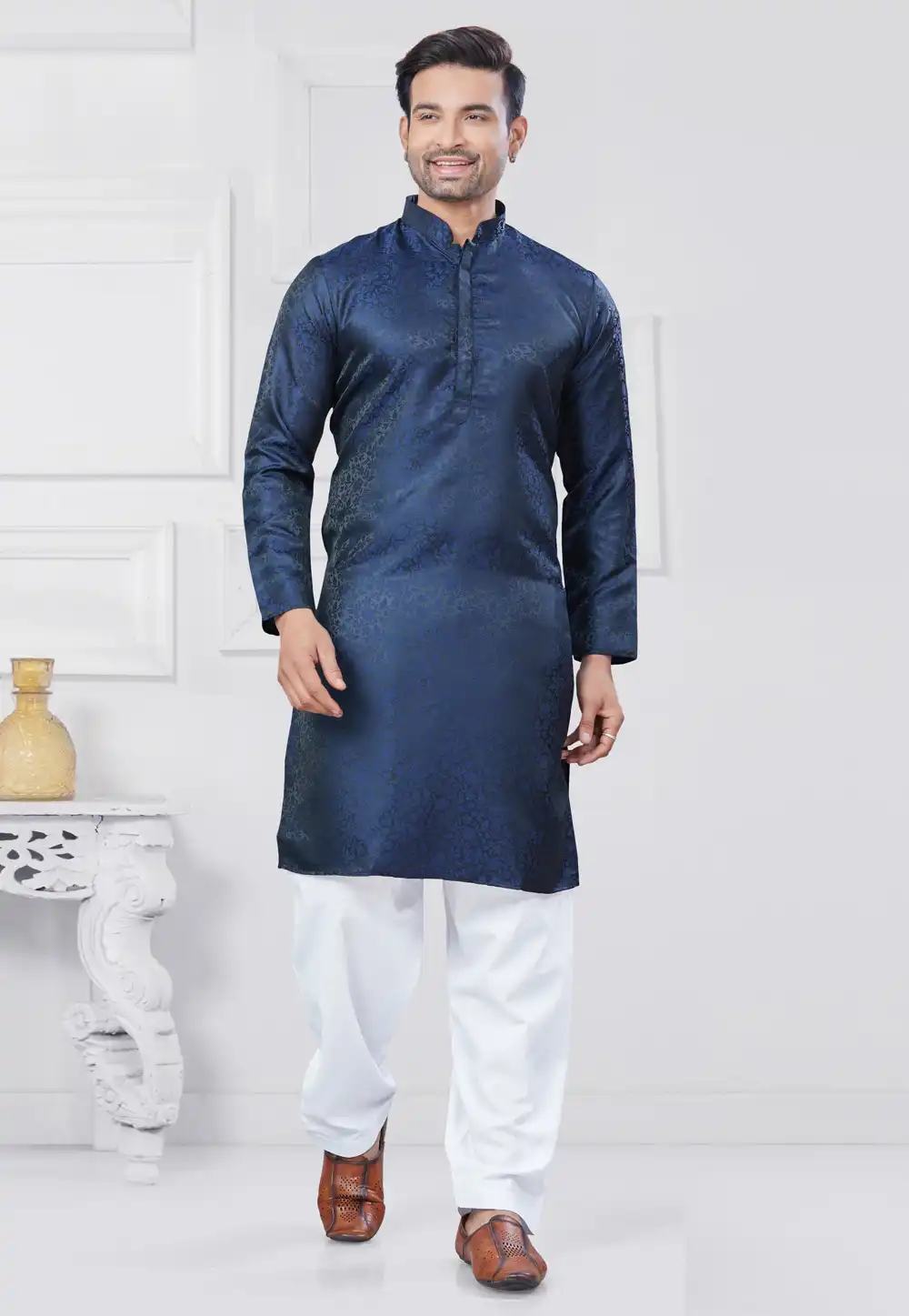 Navy Blue Jacquard Silk Pathani Suit 307348