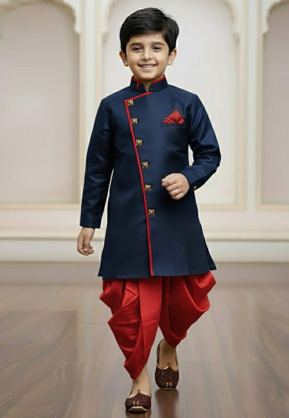 Navy Blue Jute Silk Kids Indo Western Suit 319640