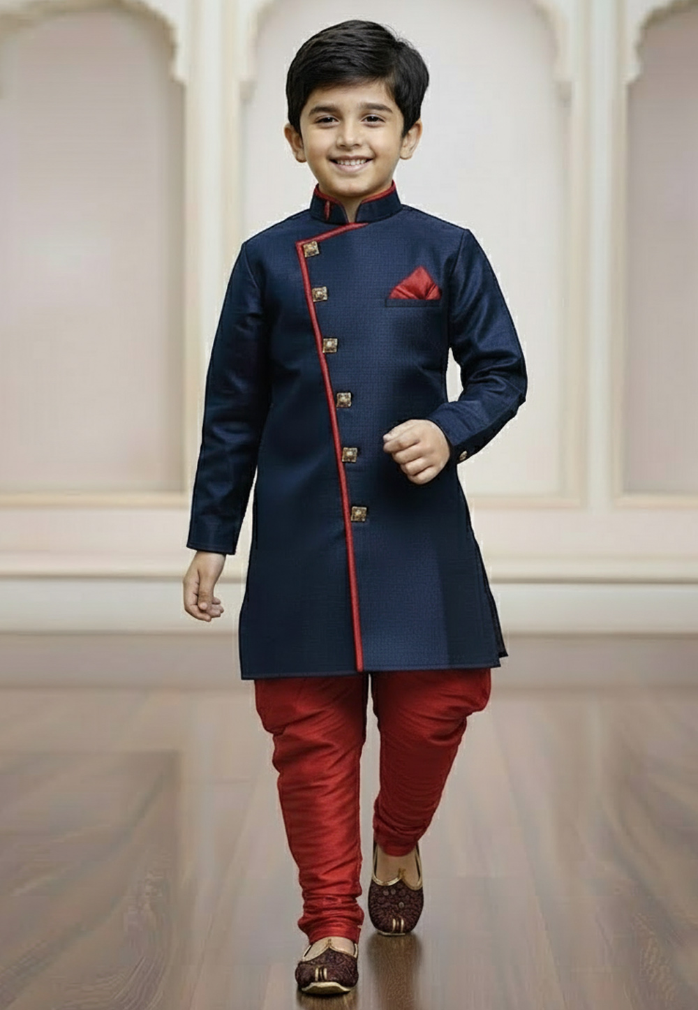 Navy Blue Jute Silk Kids Indo Western Suit 319647