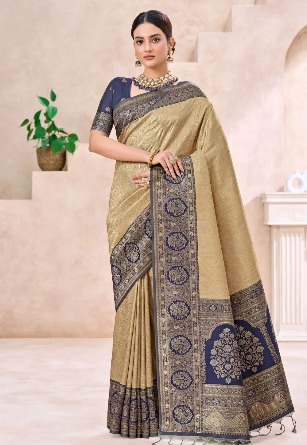 Navy Blue Kanjivaram Silk Saree With Blouse 334362