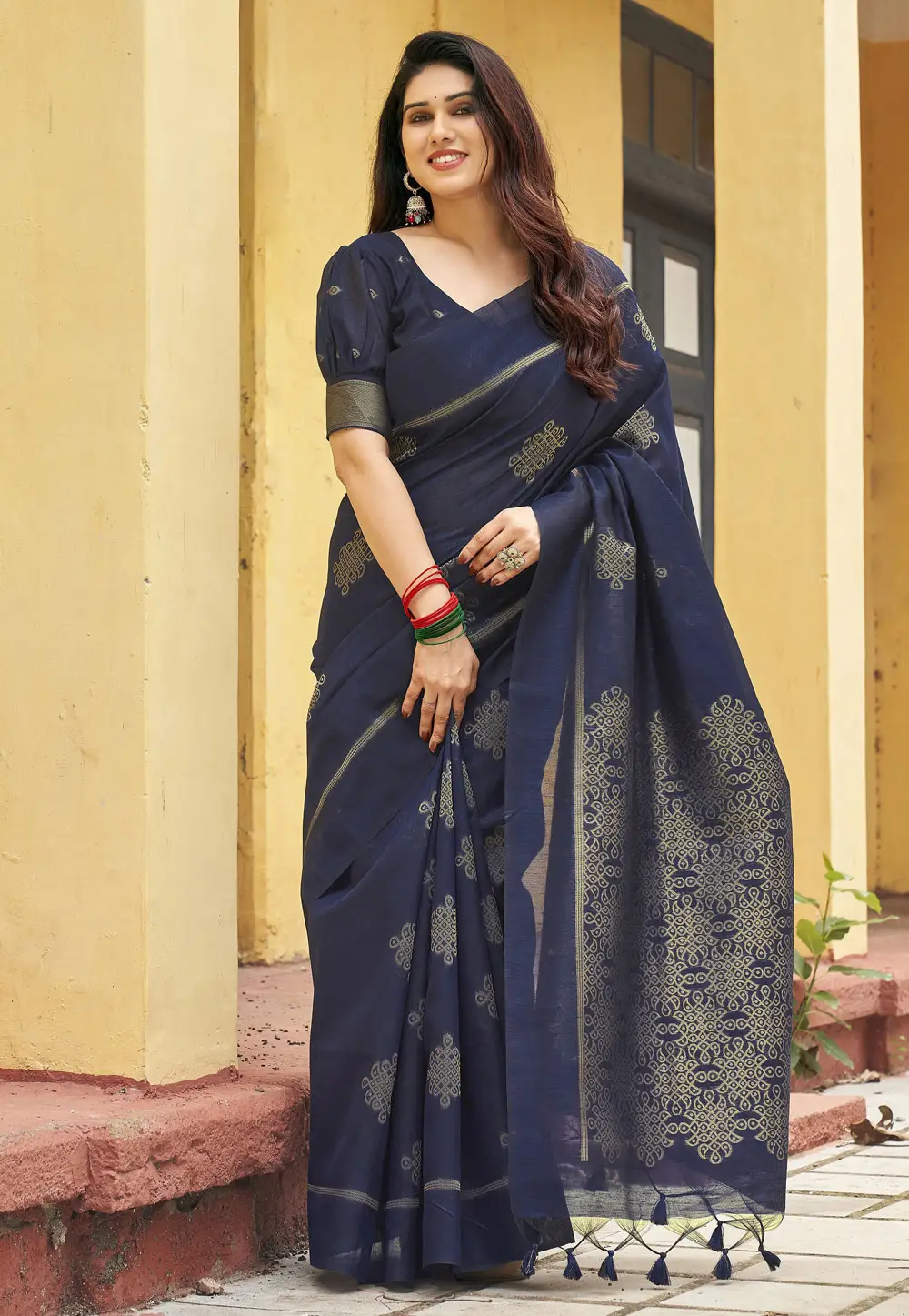Navy Blue Khadi Saree With Blouse 335979