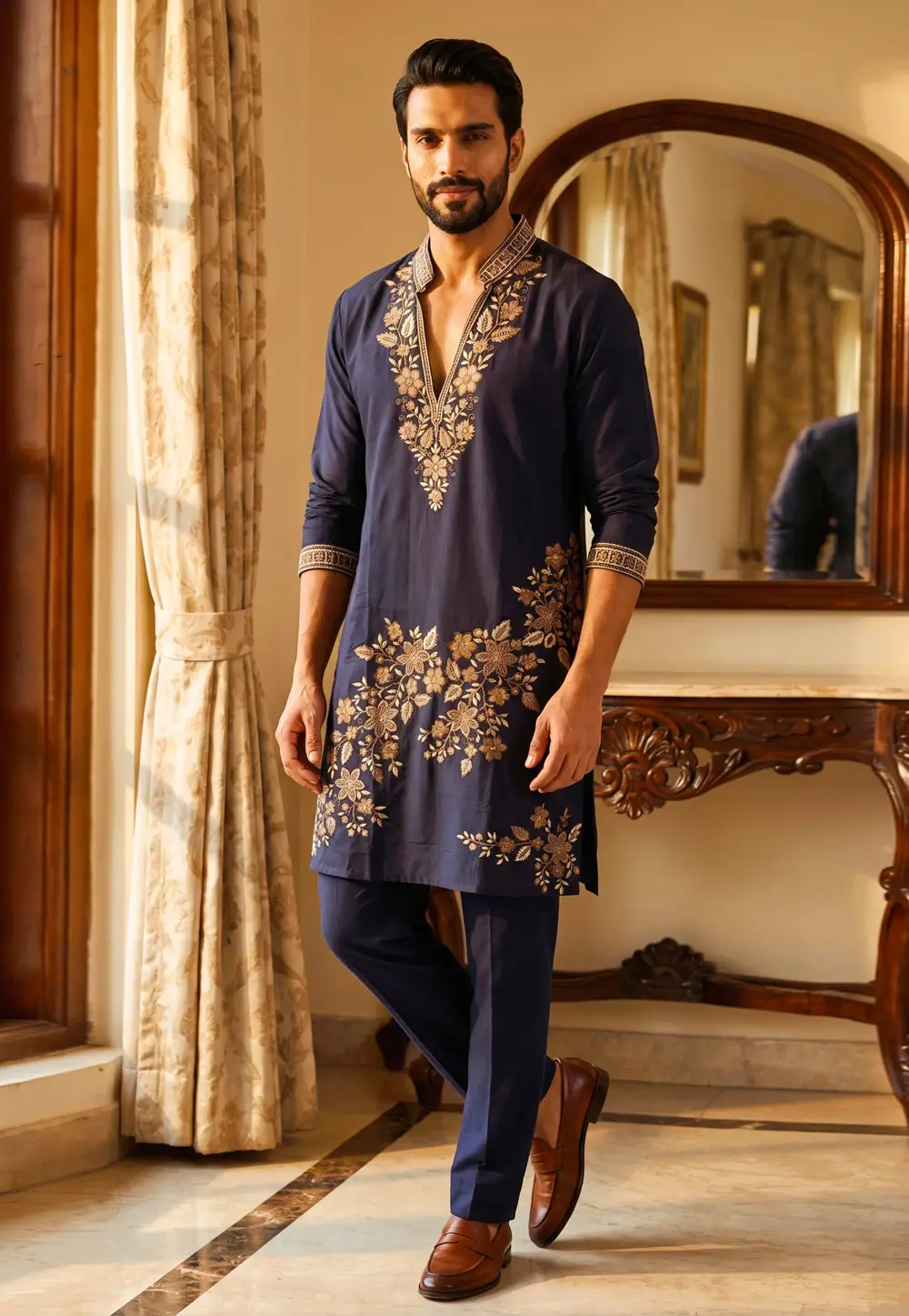 Navy Blue Lachka Kurta Pajama 335888